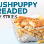 arby's hushpuppy breaded fish strips in a basket with tartar sauce and side of fries