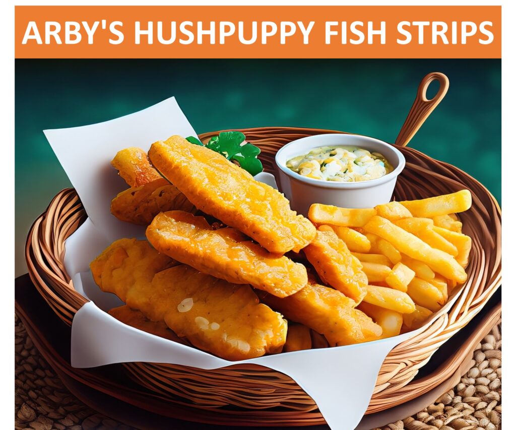 arby's hushpuppy breaded fish strips in a basket with tartar sauce and side of fries 