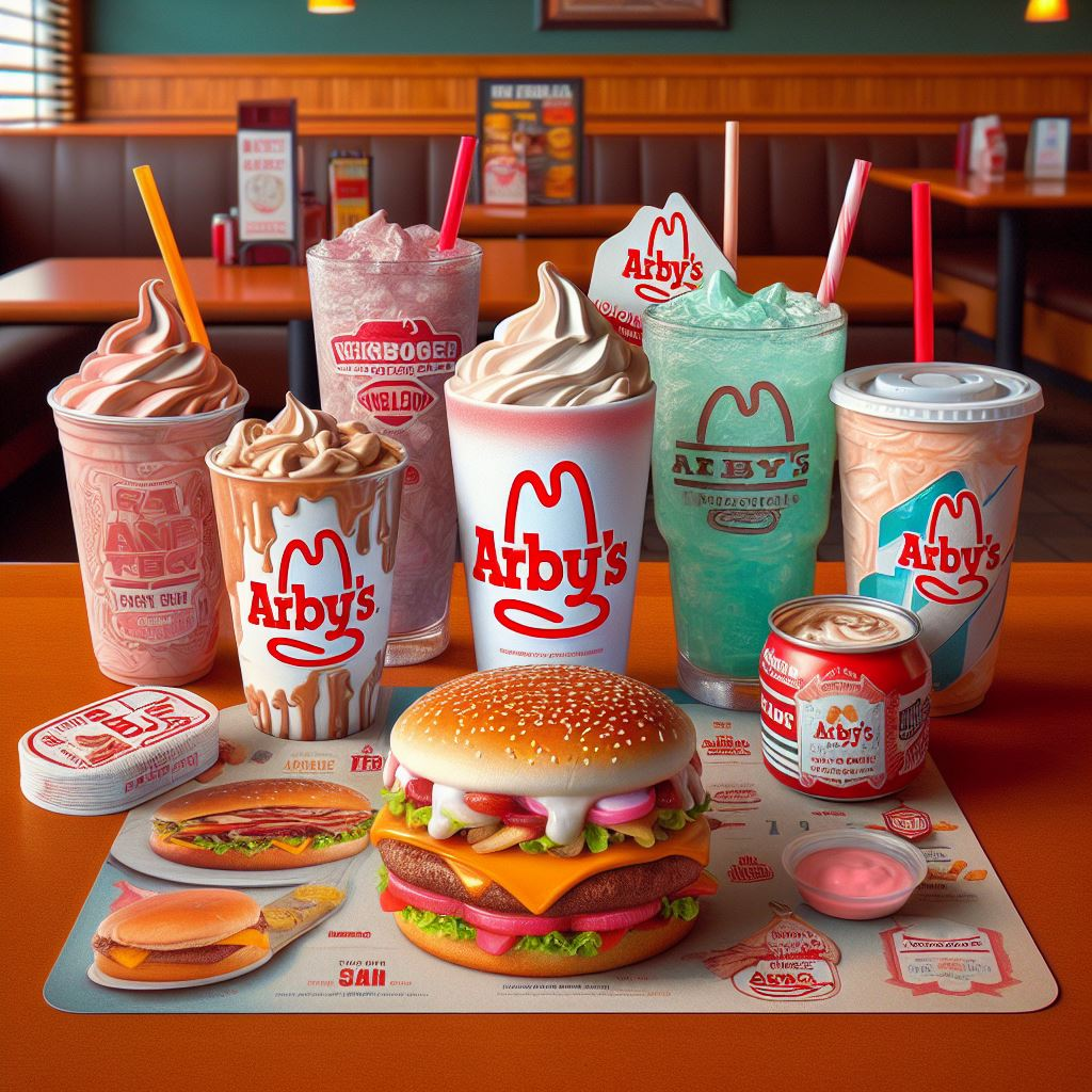 image of the arbys drinks menu items on a table at Arby's