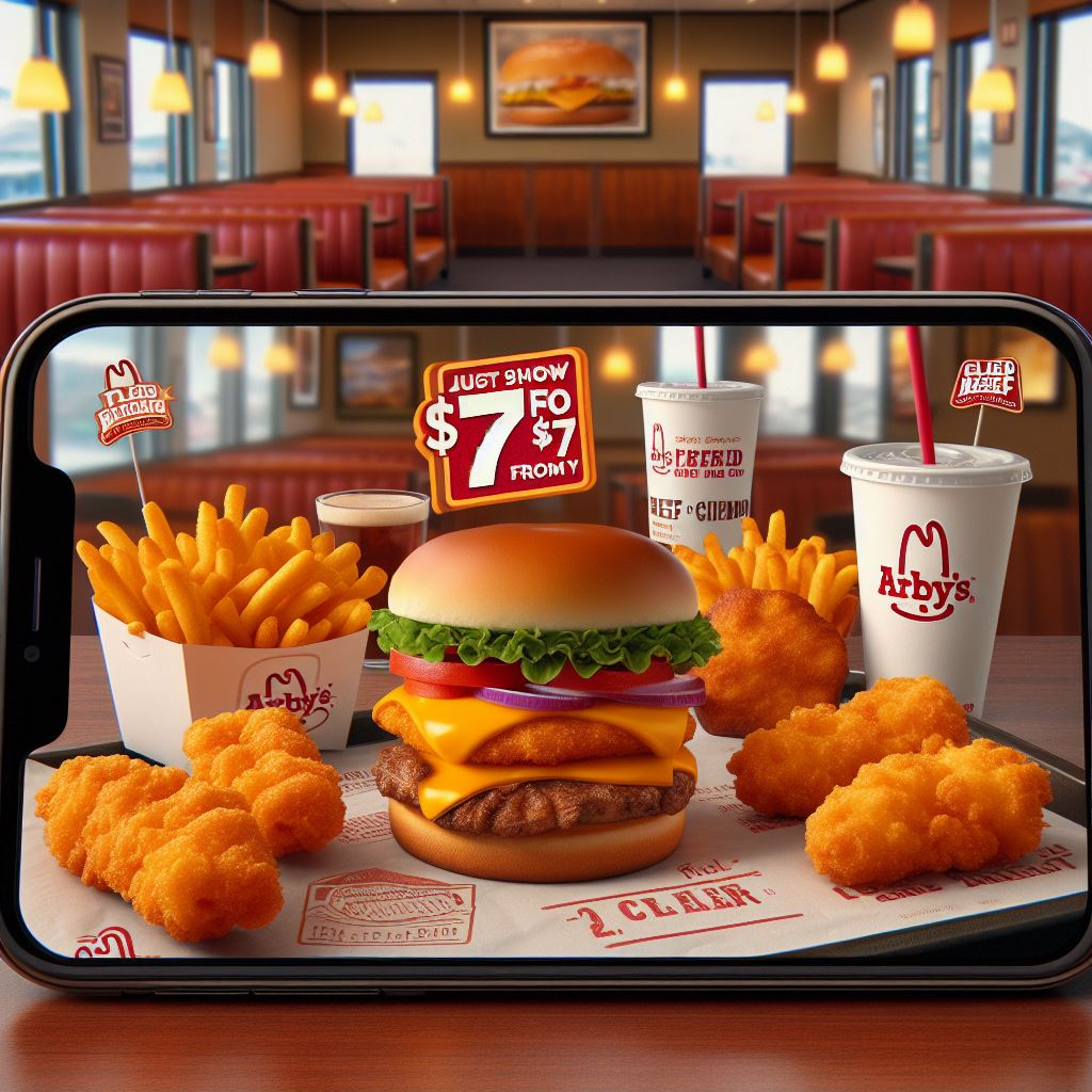 an Android phone taking photo of the ARBY'S 2 for $7 MENU items on a table at Arby's